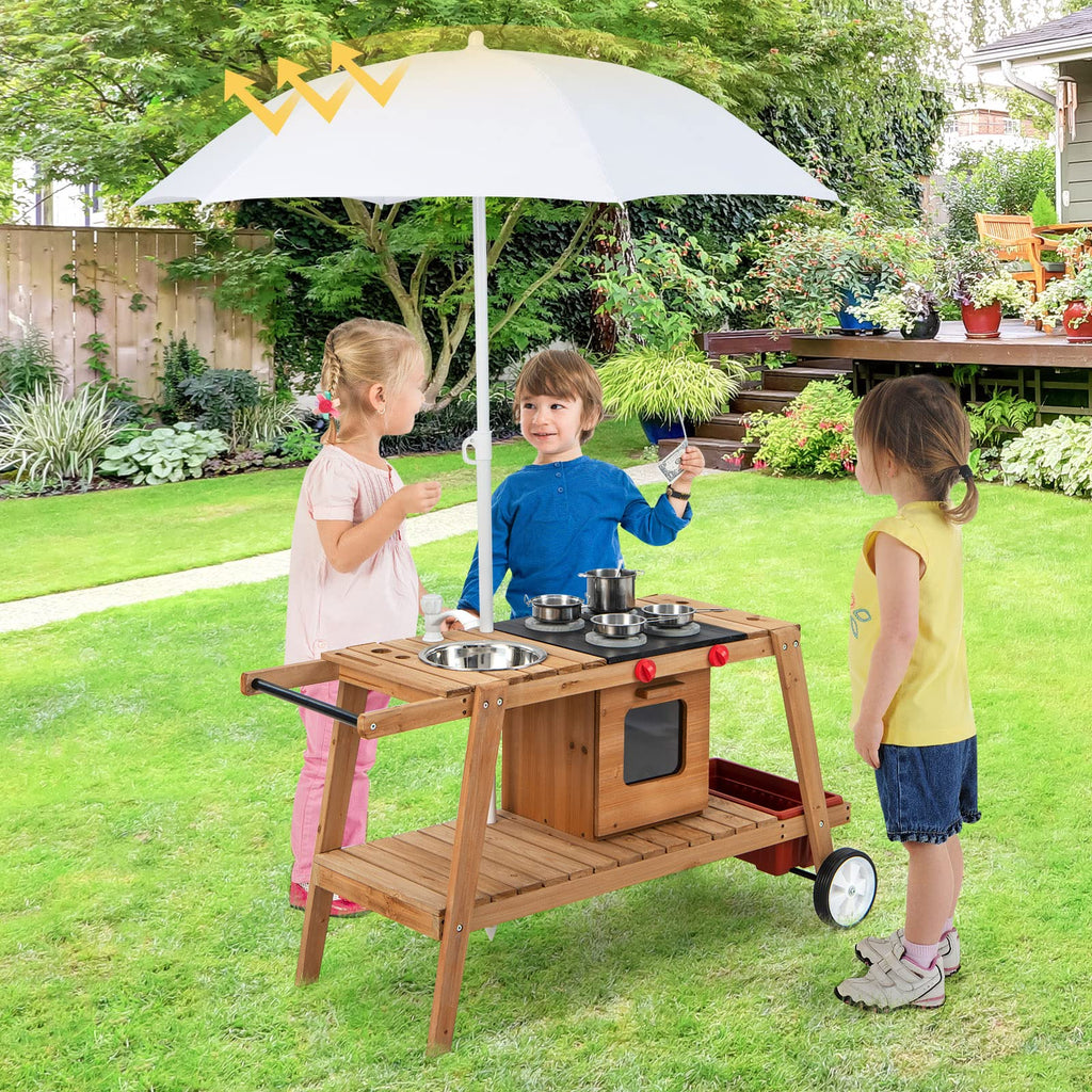 Indoor & Outdoor Wooden Pretend Cooking Cart  - Costzon