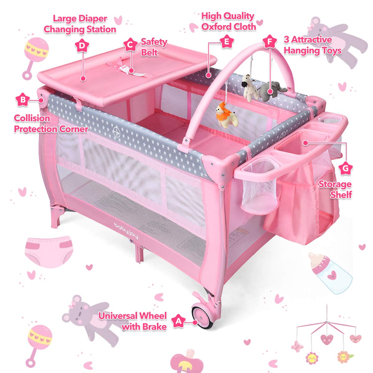 Playpen Baby Girl Pink Bassinet Changing Table BABY JOY In Pack