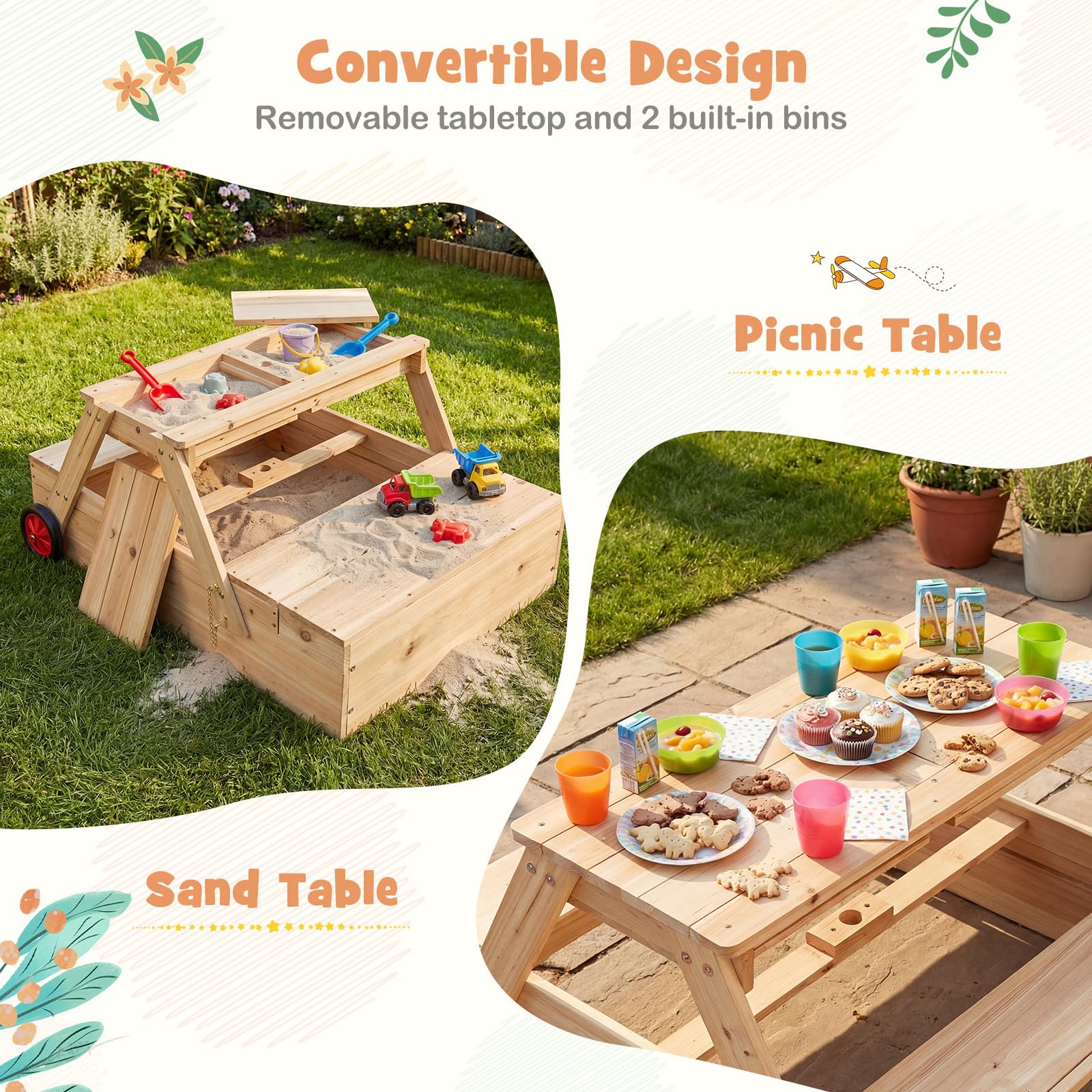 Costzon 3 in 1 Wooden Sandbox With Lid Foldable Picnic Sensory Table costzon-3-in-1-wooden-sandbox-with-lid-foldable-picnic-sensory-table