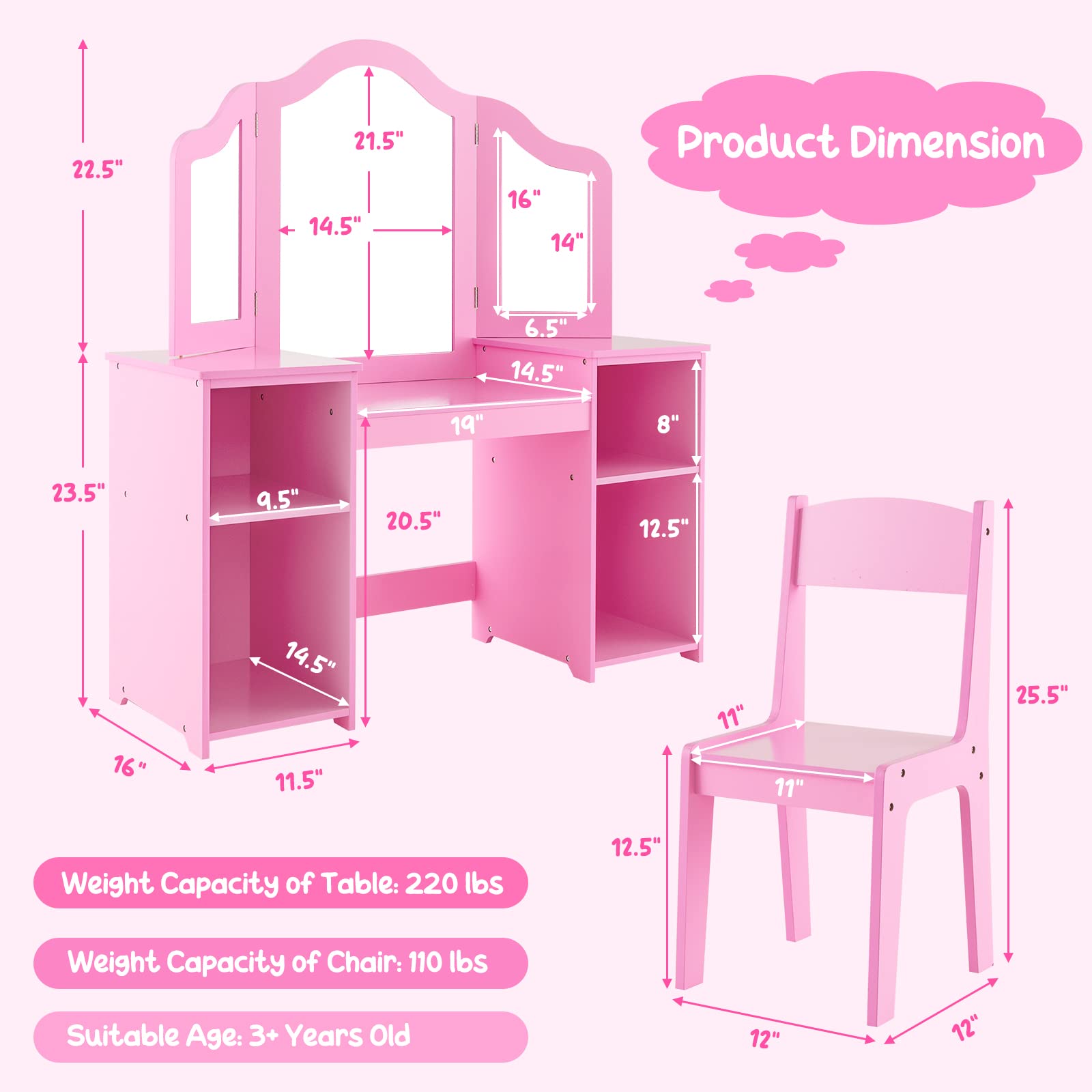 2-in-1 Princess Makeup Vanity Table With Stool - Wooden Dressing Table For Toddler Girls With Mirror