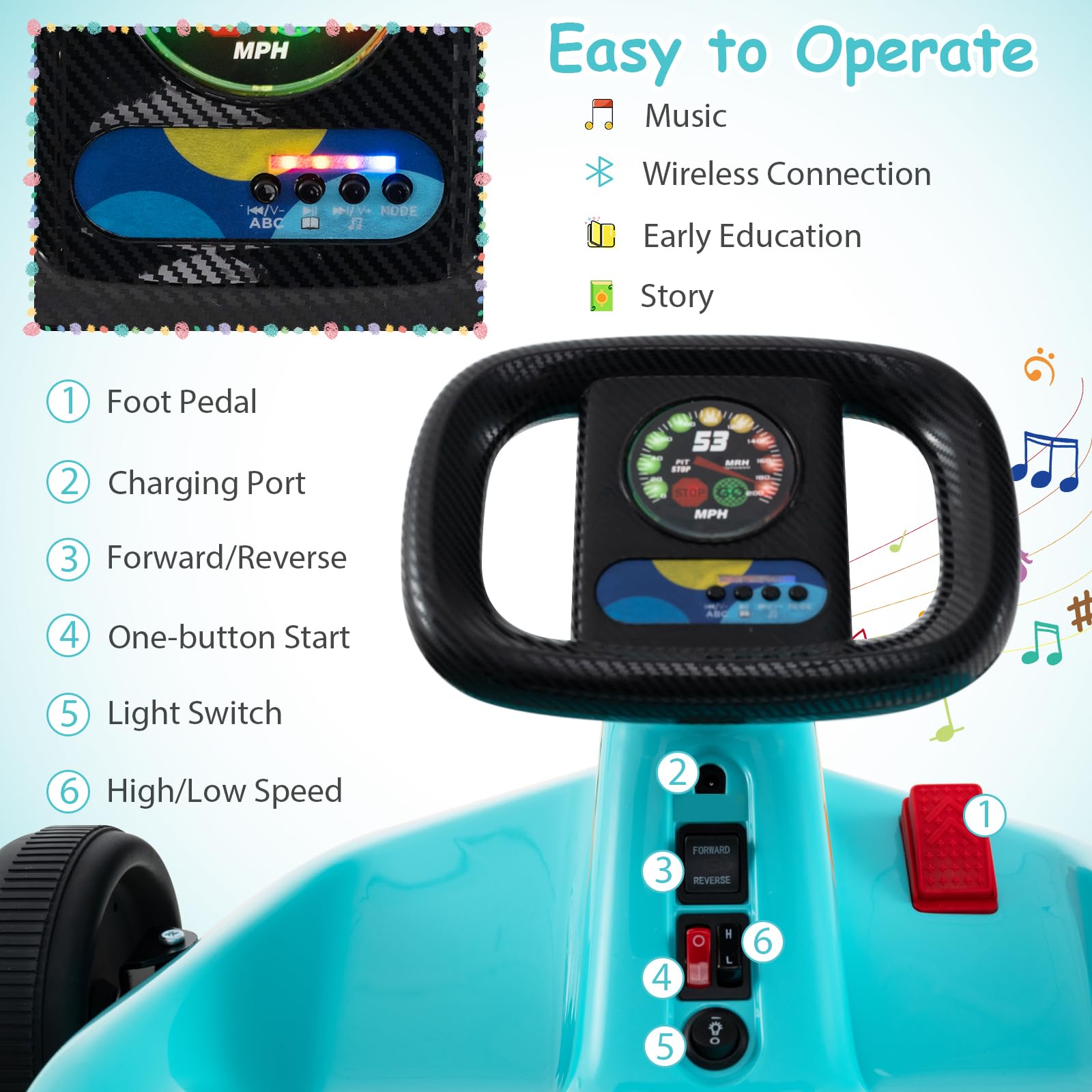 thumbnail image 2 of HONEY JOY Electric Ride On Go Kart, Battery Powered F1 Racing Car W/Light & Music, Spring Suspension, USB Port, High/Low Speed, 12V Electric Vehicle For Kids, Ride On Car With Remote 2 of 10