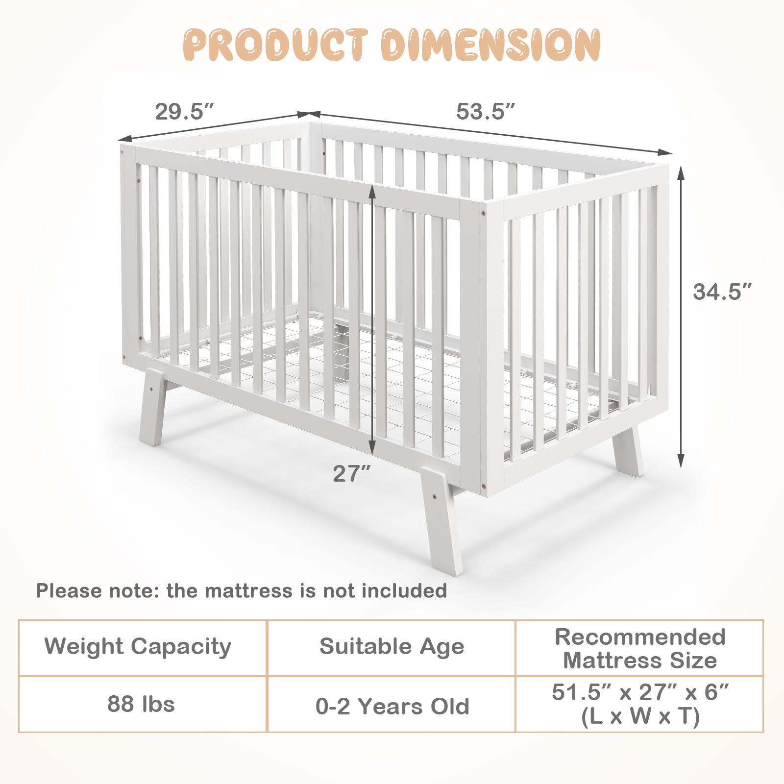BABY JOY Wooden Baby Crib, Rubber Wood Mini Crib w/ 3-Height