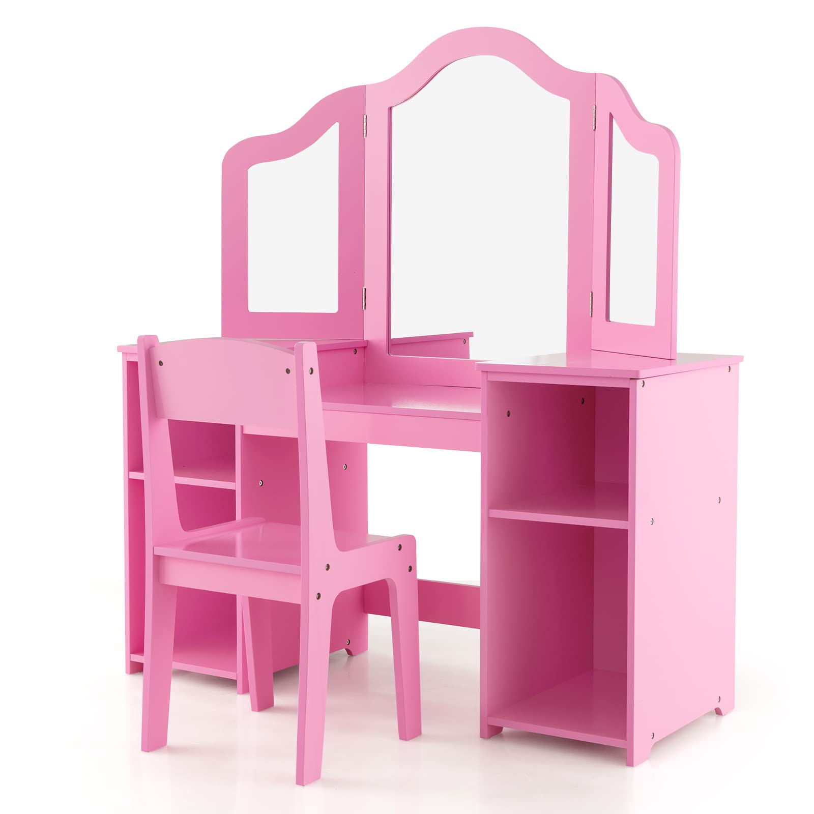 2-in-1 Princess Makeup Vanity Table With Stool - Wooden Dressing Table For Toddler Girls With Mirror
