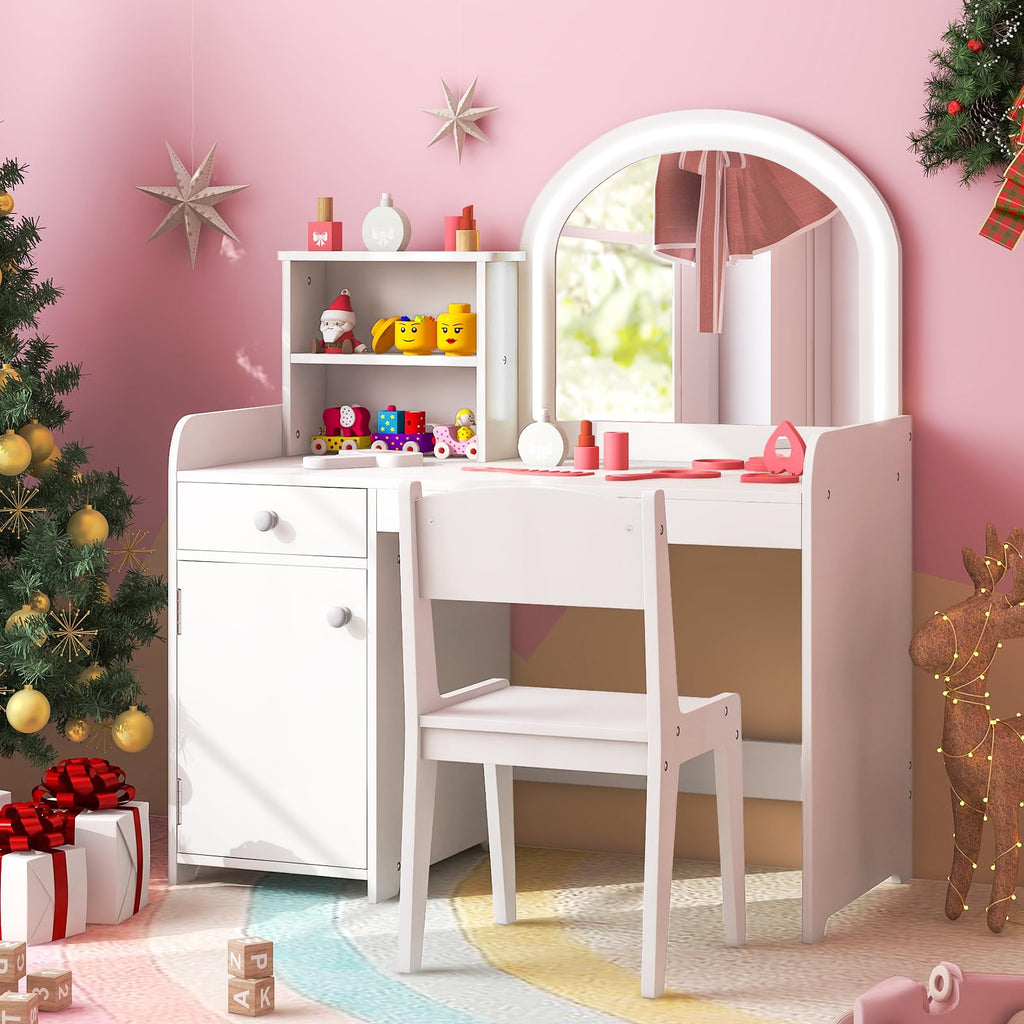 Girls Vanity Set with Mirror and Stool and Lights, Makeup Vanity Desk - Costzon