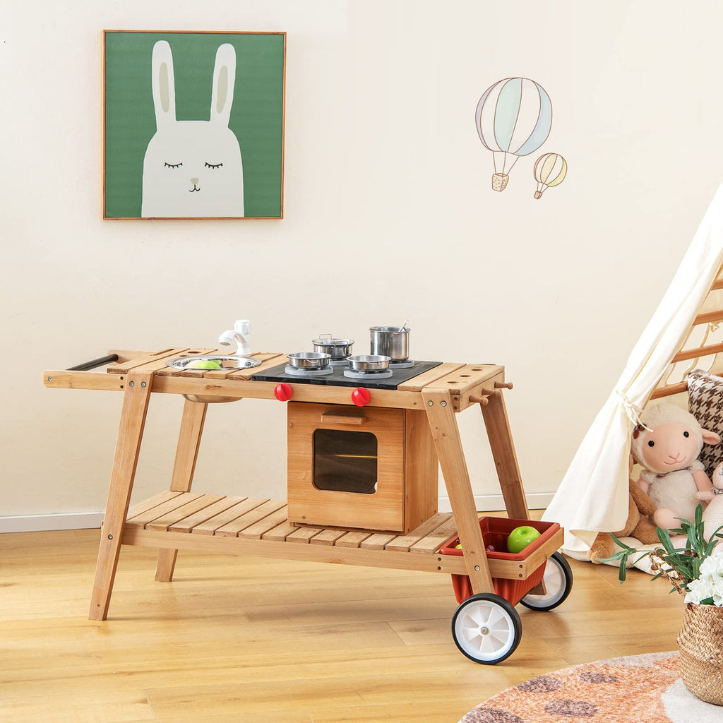 Indoor & Outdoor Wooden Pretend Cooking Cart  - Costzon