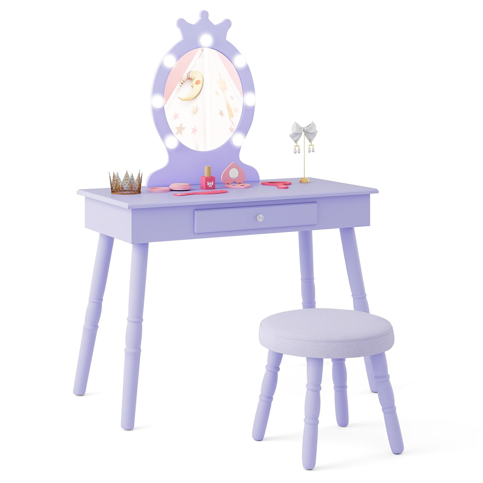 Costzon Kids Vanity, Girls Vanity Set with Mirror and Stool and