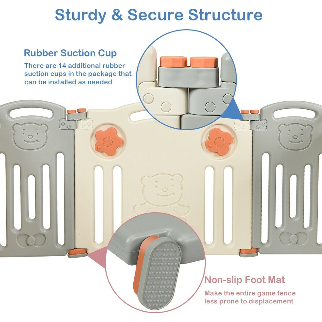 Costzon Baby Playpen, 14-Panel Foldable Kids Safety Activity Center Playard w/Locking Gate (Beige + Gray) - costzon