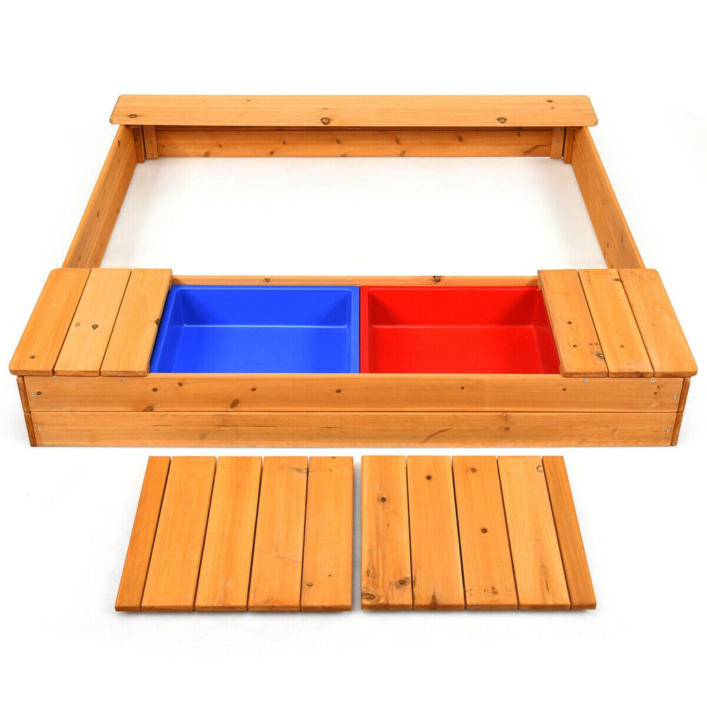 Kids Wooden Sandbox with Bench Seats & Storage Boxes - costzon