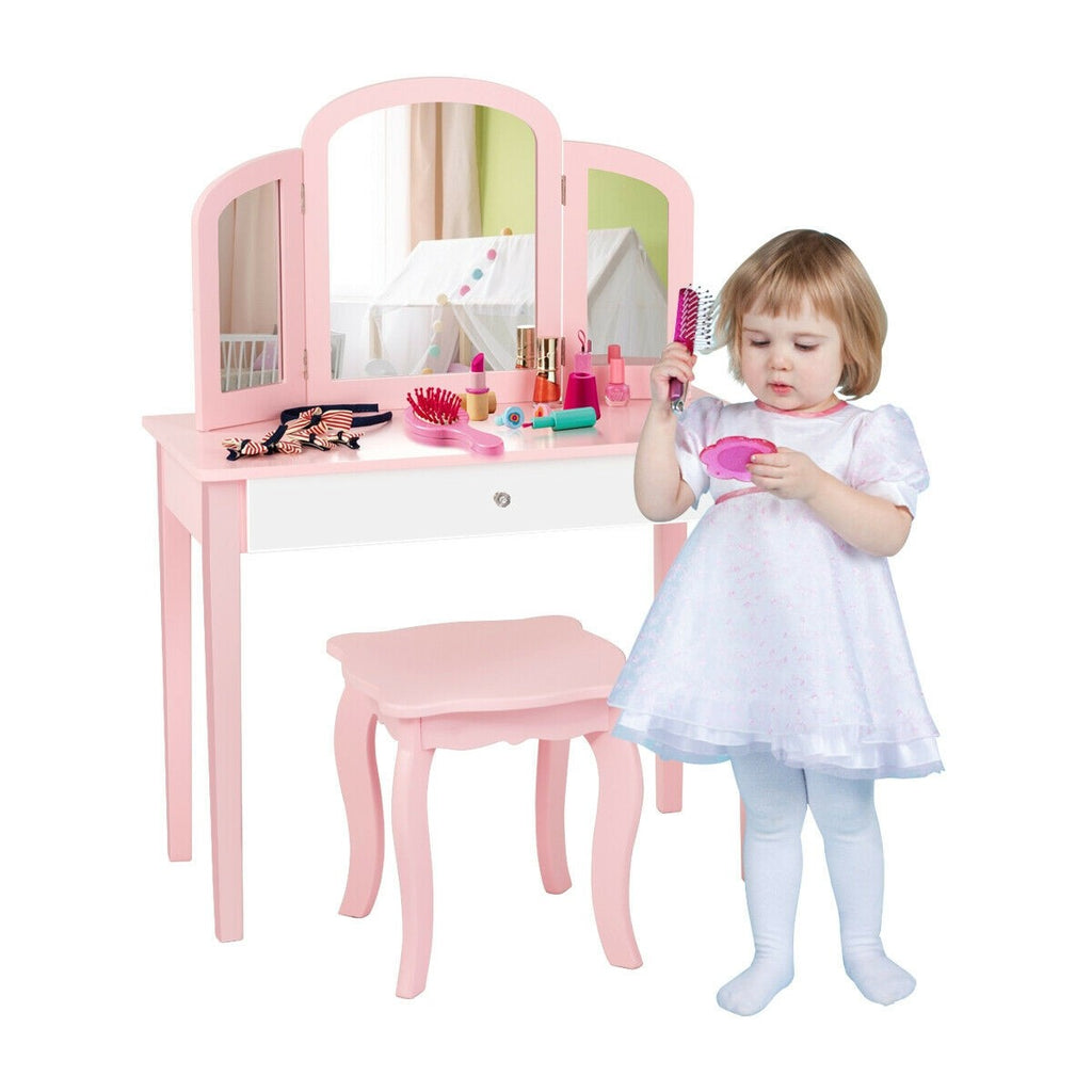 Costzon Kids Vanity Table, 2-in-1 Vanity Set with Detachable Top, Pretend Beauty Play Vanity Set for Girls - costzon