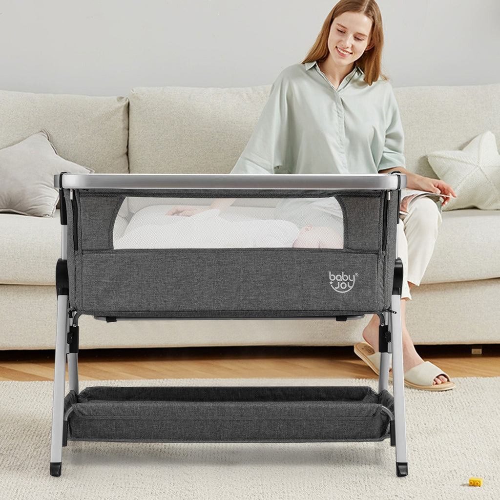 BABY JOY Bedside Bassinet, Portable Baby Crib w/ Mattress, Two-side Breathable Mesh, 7 Height Adjustable - costzon
