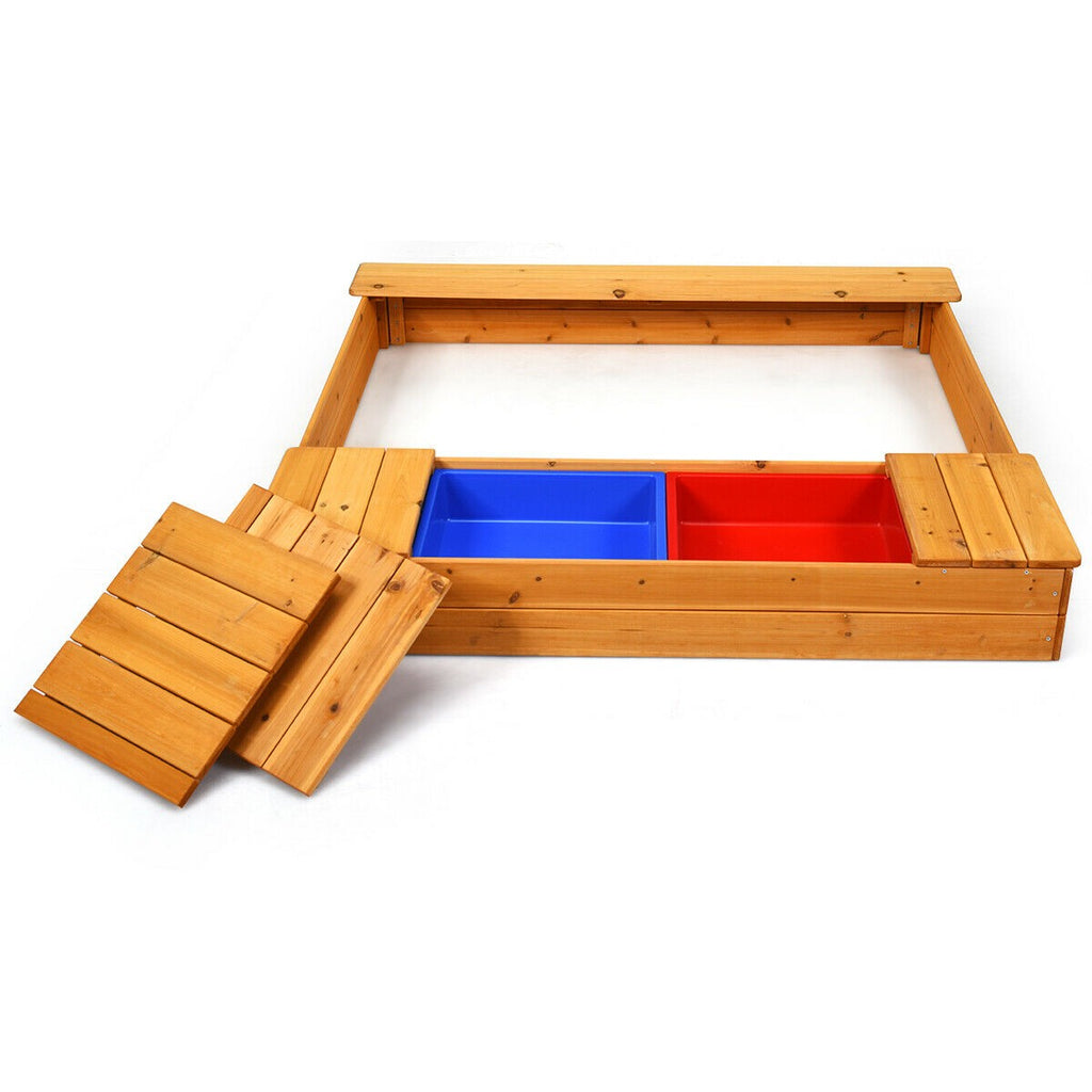 Kids Wooden Sandbox with Bench Seats & Storage Boxes - costzon