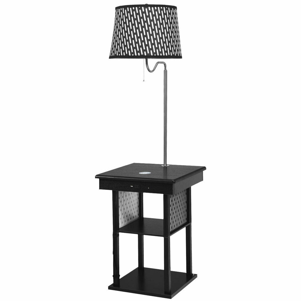 Floor Lamp, Swing Arm Lamp w/Shade Built in End Table Includes 2 USB Ports (Black Shade) - costzon