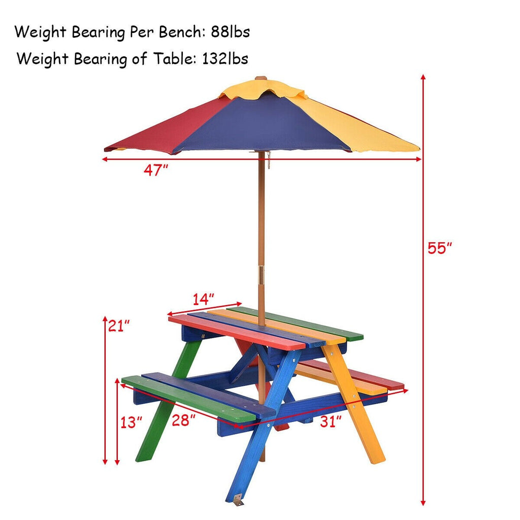 Kids Picnic Table Set, Wood Table and Bench Set with Removable & Foldable Umbrella - costzon