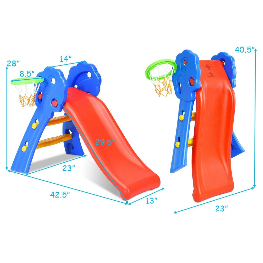 Baby Joy Folding Slide, Plastic Play Slide Climber Kids (Floral Rail +Basketball Hoop) - costzon