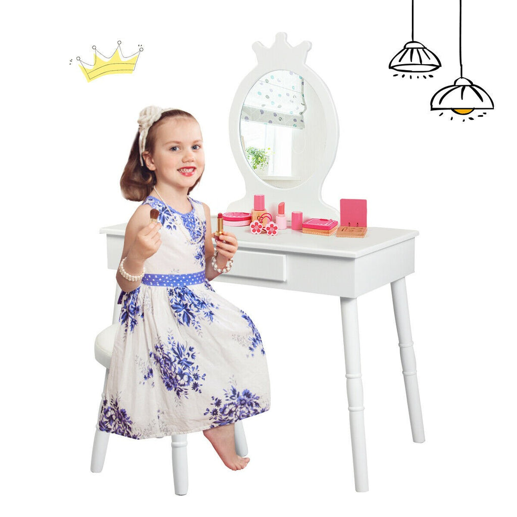 Costzon Kids Vanity Set, Wooden Princess Makeup Table with Cushioned Stool, Large Drawer (White) - costzon