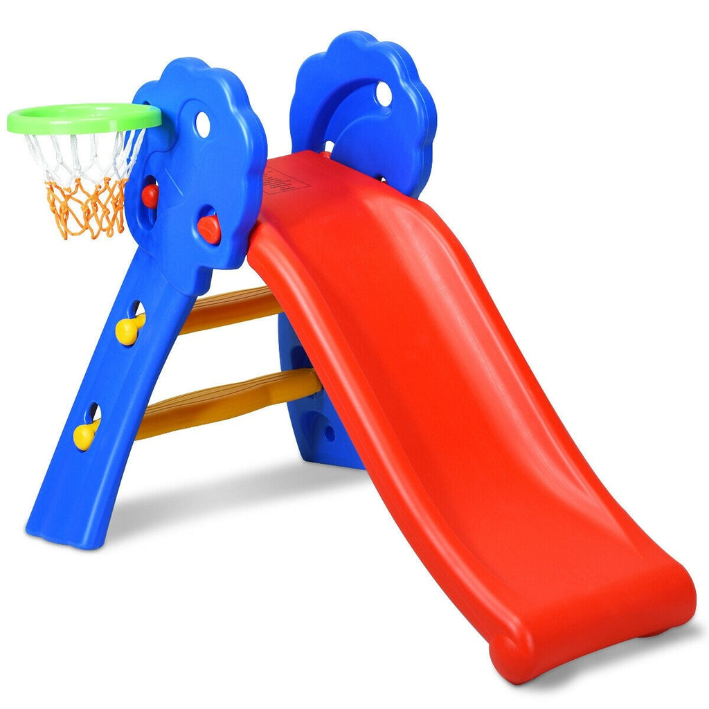 Baby Joy Folding Slide, Plastic Play Slide Climber Kids (Floral Rail +Basketball Hoop) - costzon