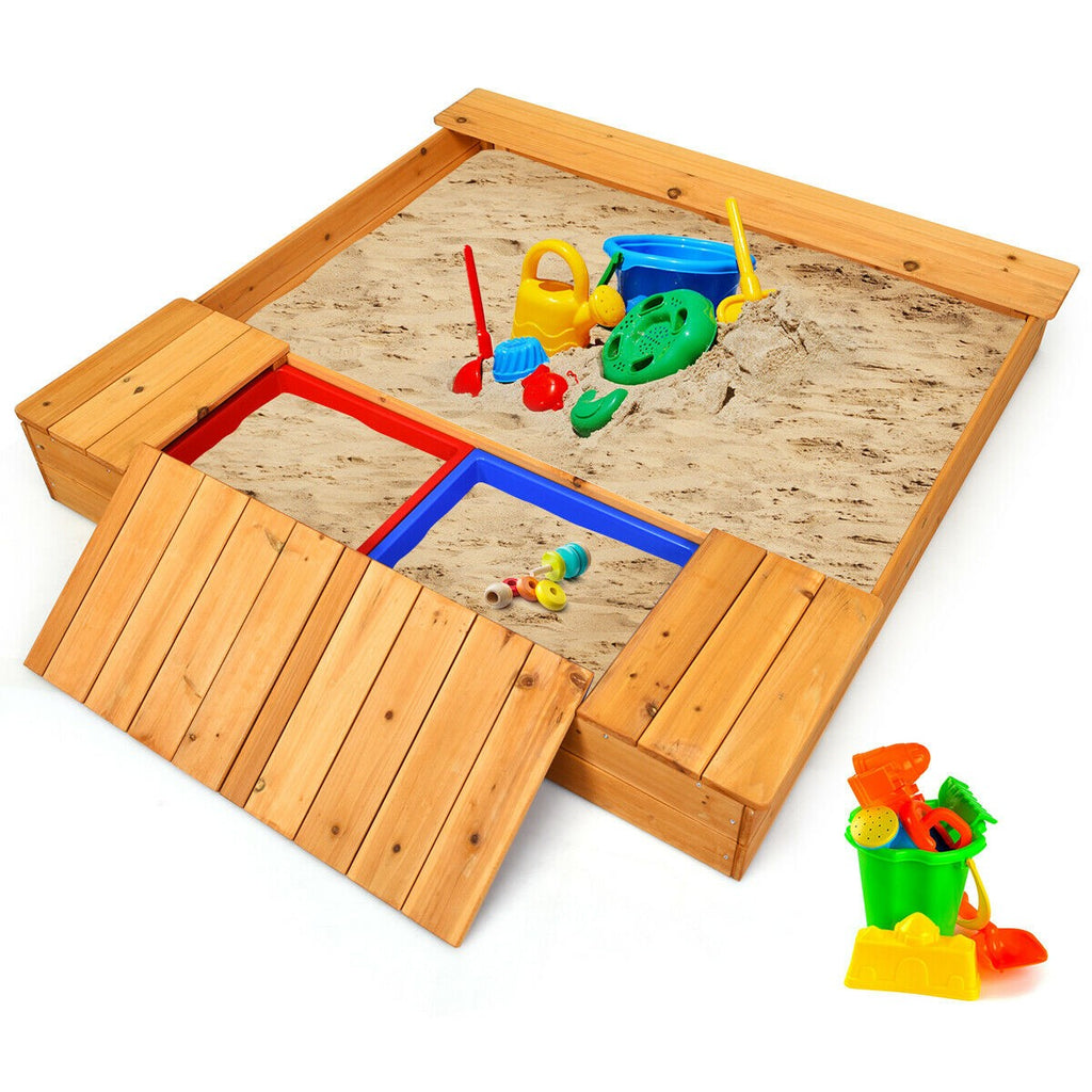 Kids Wooden Sandbox with Bench Seats & Storage Boxes - costzon