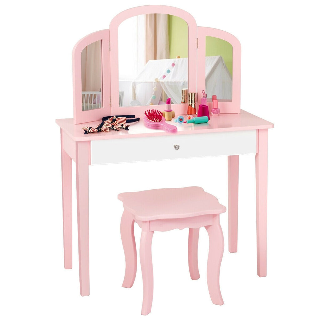 Costzon Kids Vanity Table, 2-in-1 Vanity Set with Detachable Top, Pretend Beauty Play Vanity Set for Girls - costzon