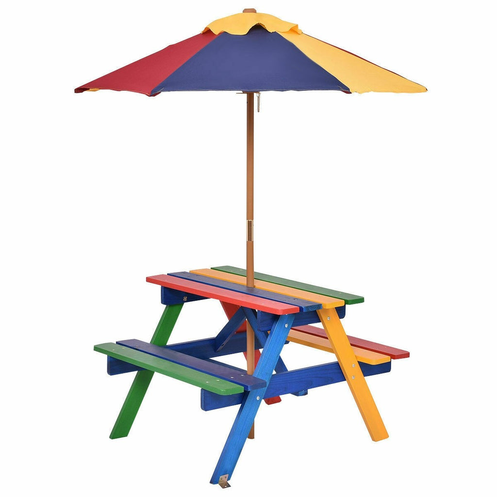 Kids Picnic Table Set, Wood Table and Bench Set with Removable & Foldable Umbrella - costzon