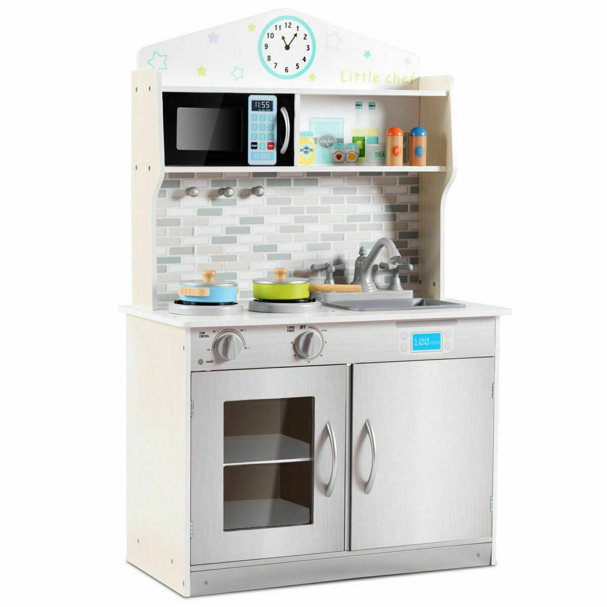 Kitchen Playset Wooden Cookware Pretend Cooking Food Set Removable Sink