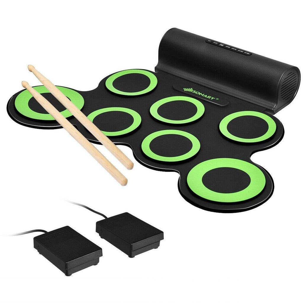 Costzon 7 Pads Electronic Drum Set, Portable Roll up MIDI Drum Practice Pad w/ Headphone (Green + Black) - costzon