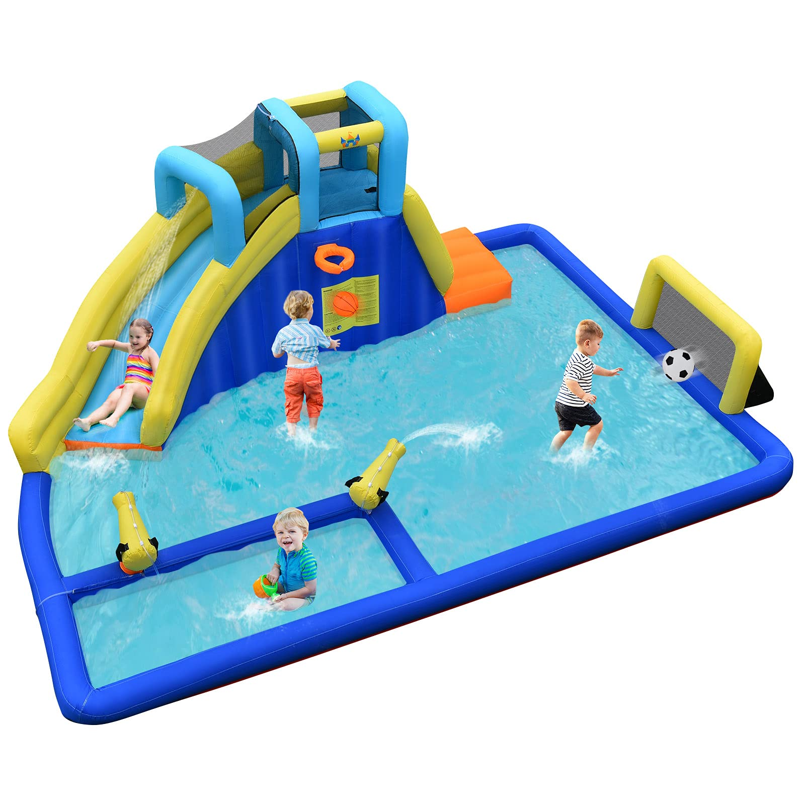 BOUNTECH Inflatable Water Park|6-in-1 Bounce Pool Slide w/Curved