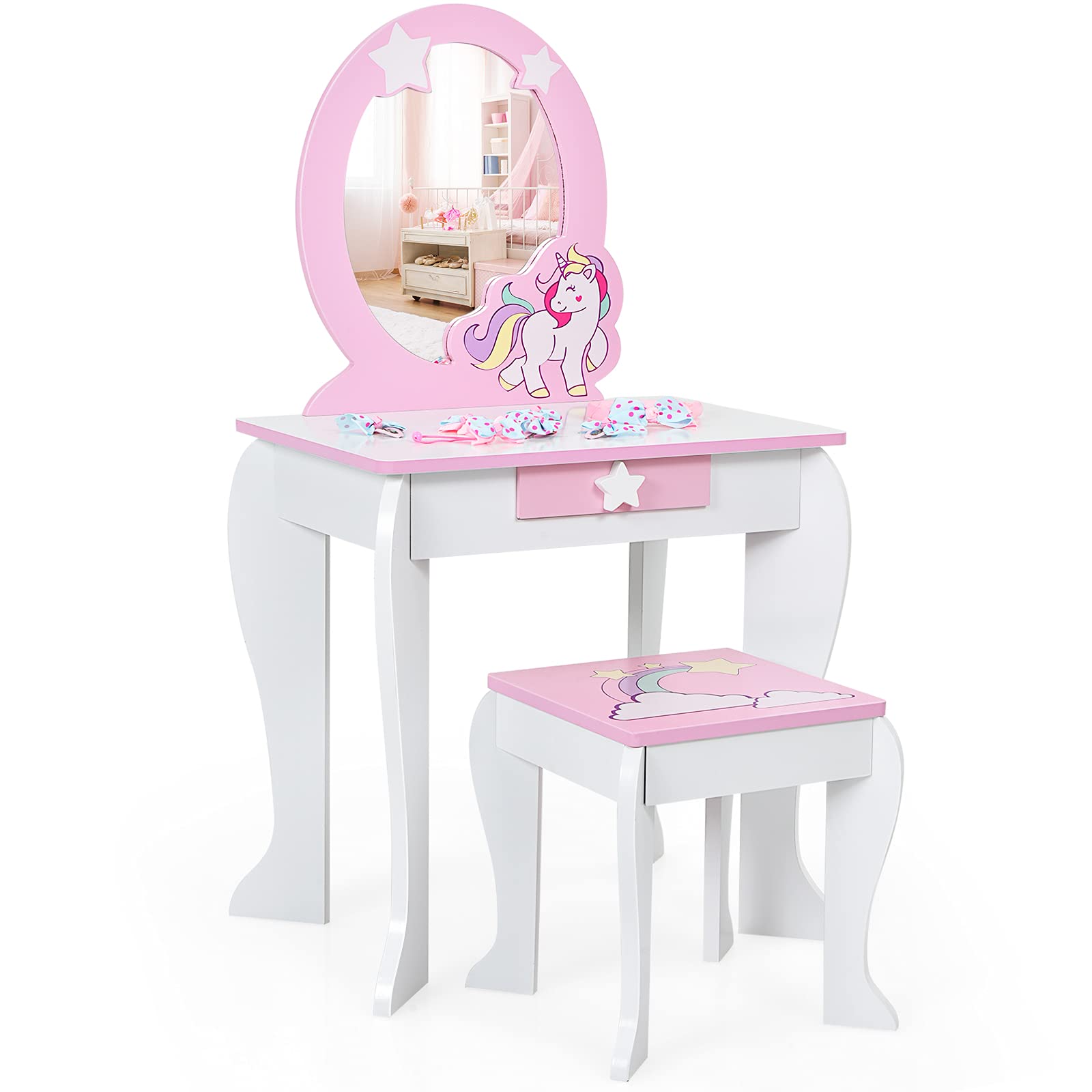 Vanity Set Mirror 2 1 Wooden Princess Makeup Dressing Table Detachable Top