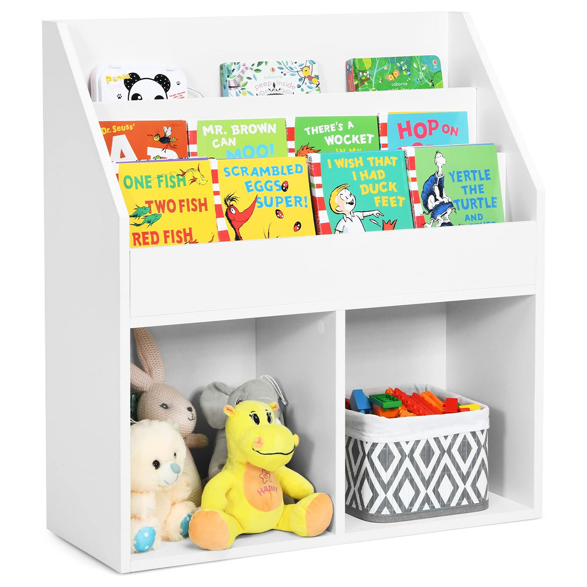 Bookshelf Wooden Toy Storage Cabinet Organizer Holder w Shelves & 2 Large Cubes