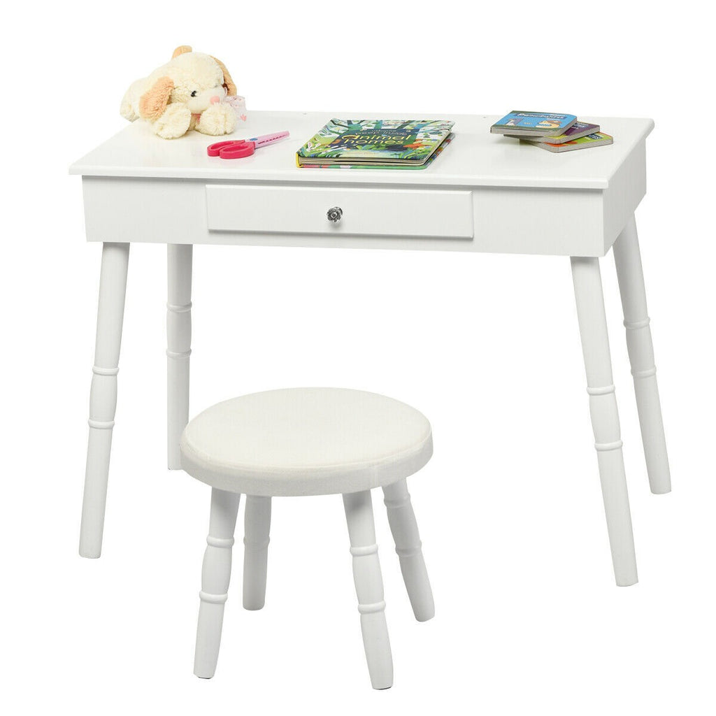 Costzon Kids Vanity Set, Wooden Princess Makeup Table with Cushioned Stool, Large Drawer (White) - costzon