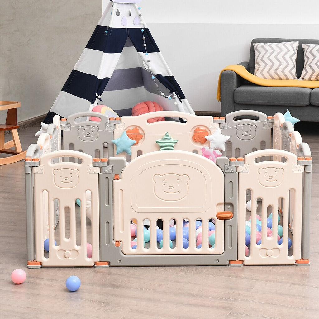 Costzon Baby Playpen, 14-Panel Foldable Kids Safety Activity Center Playard w/Locking Gate (Beige + Gray) - costzon