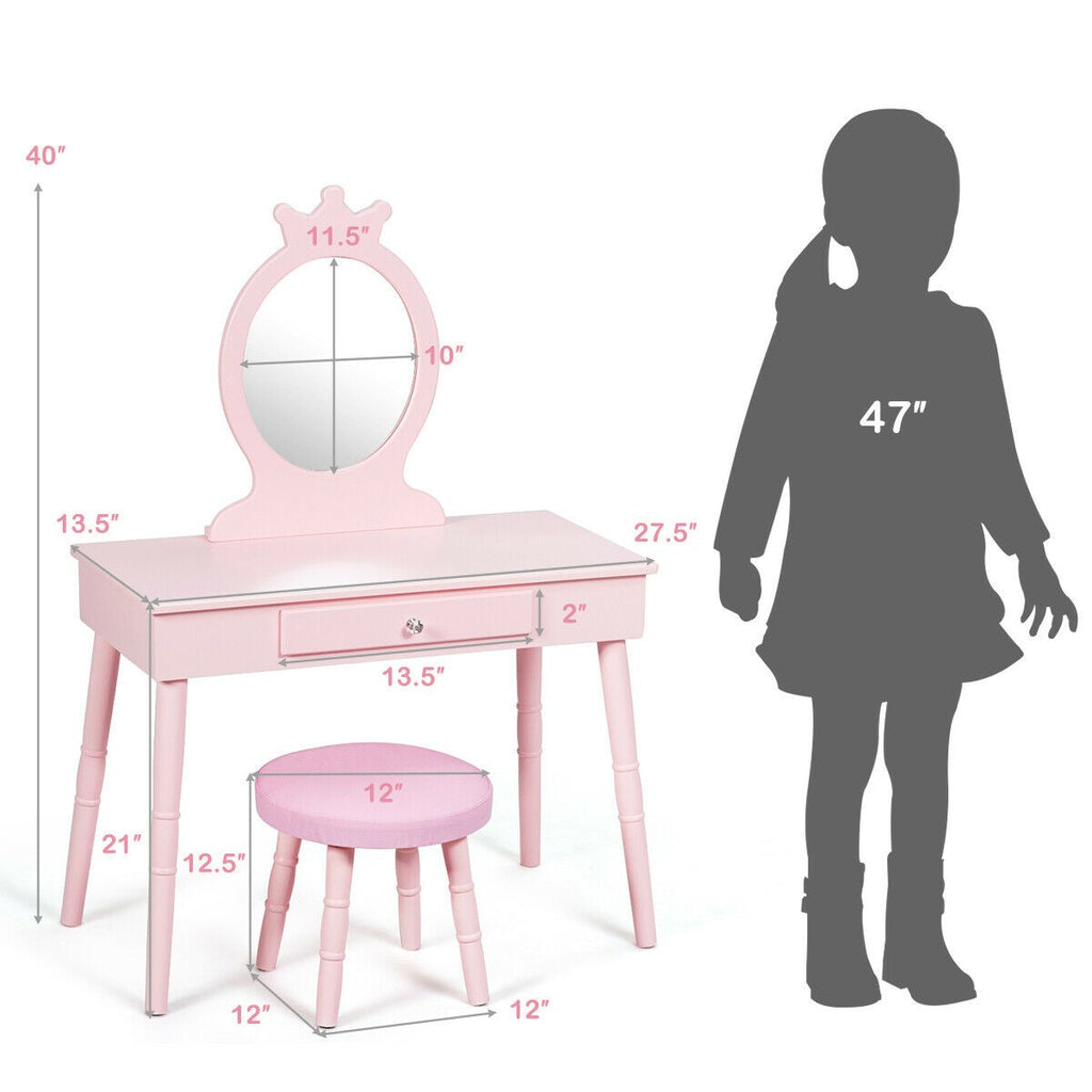 Costzon Kids Vanity Set, Wooden Princess Makeup Table with Cushioned Stool (Pink) - costzon