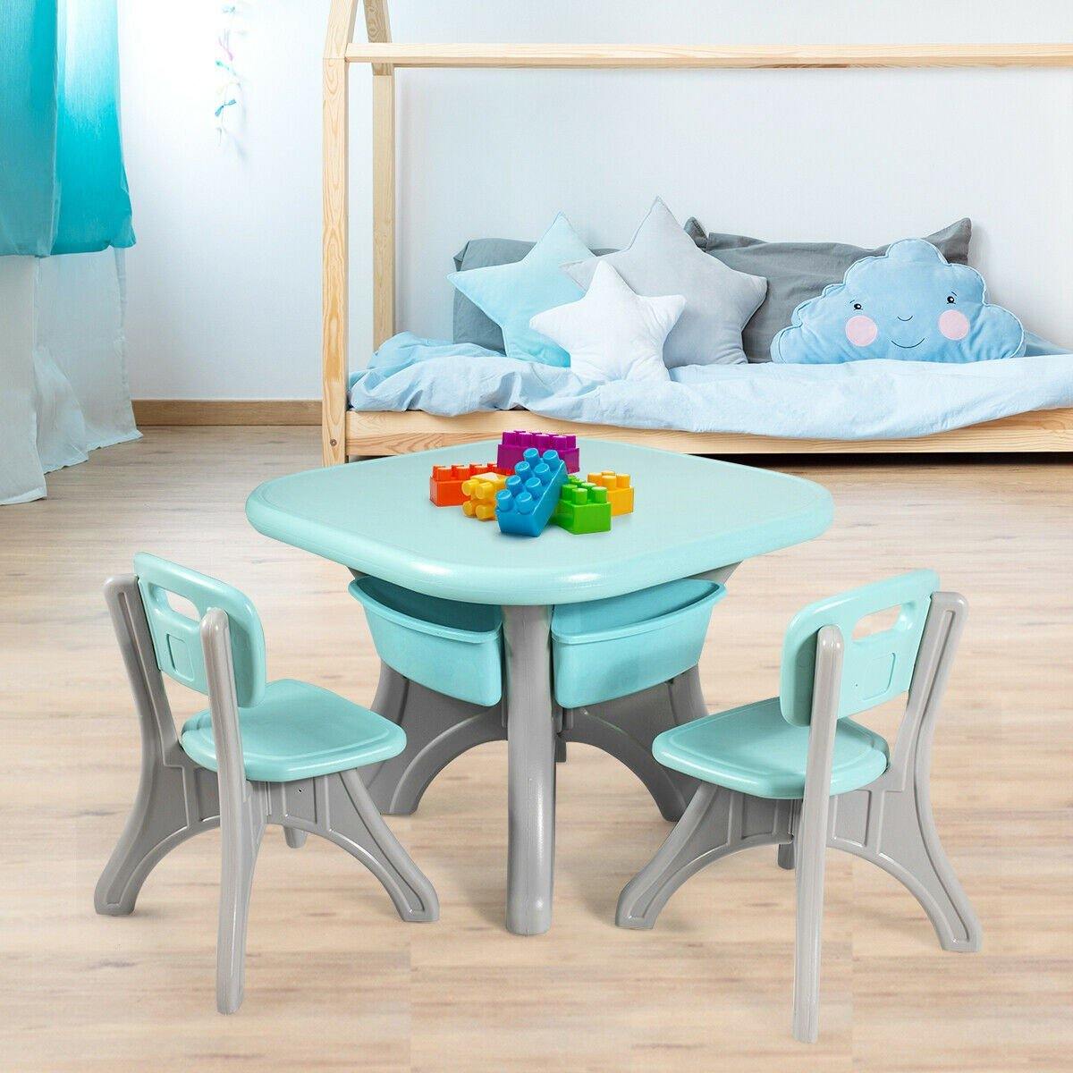 Costzon 3-Piece Kids Table & Chair Set With Storage Bins - Green Activity Table For Toddlers