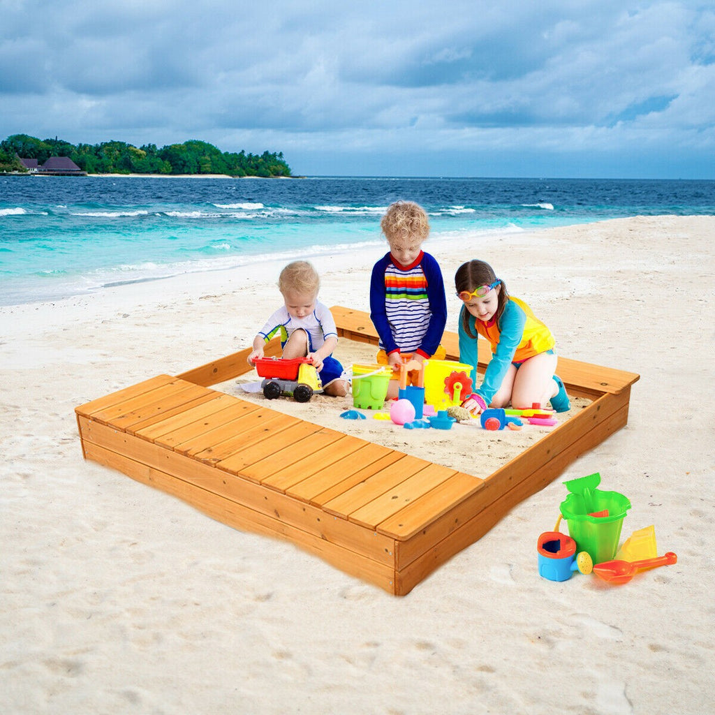 Kids Wooden Sandbox with Bench Seats & Storage Boxes - costzon