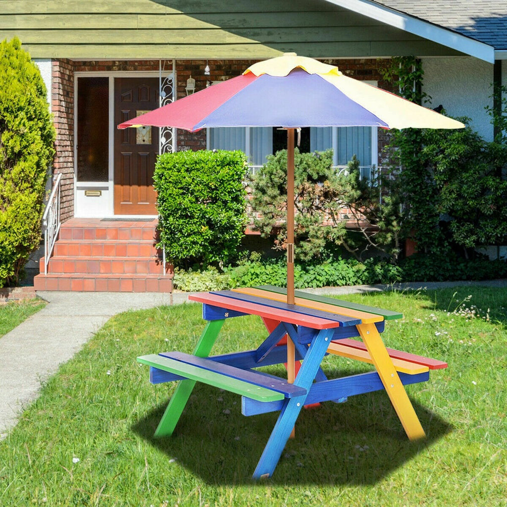 Kids Picnic Table Set, Wood Table and Bench Set with Removable & Foldable Umbrella - costzon