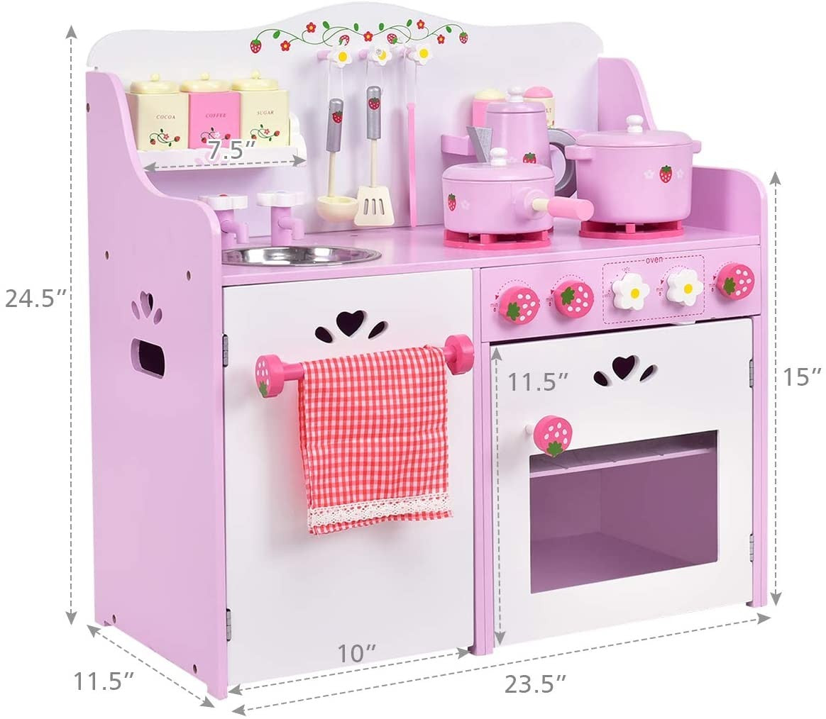 Costzon Kids Kitchen Playset, Wooden Pink Strawberry Themed