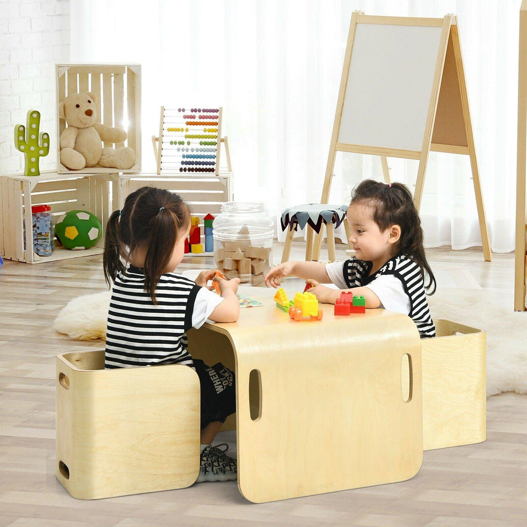 Costzon Kids Table and Chair Set, 4 in 1 Wood Activity Table, Bench, Storage Shelves - costzon