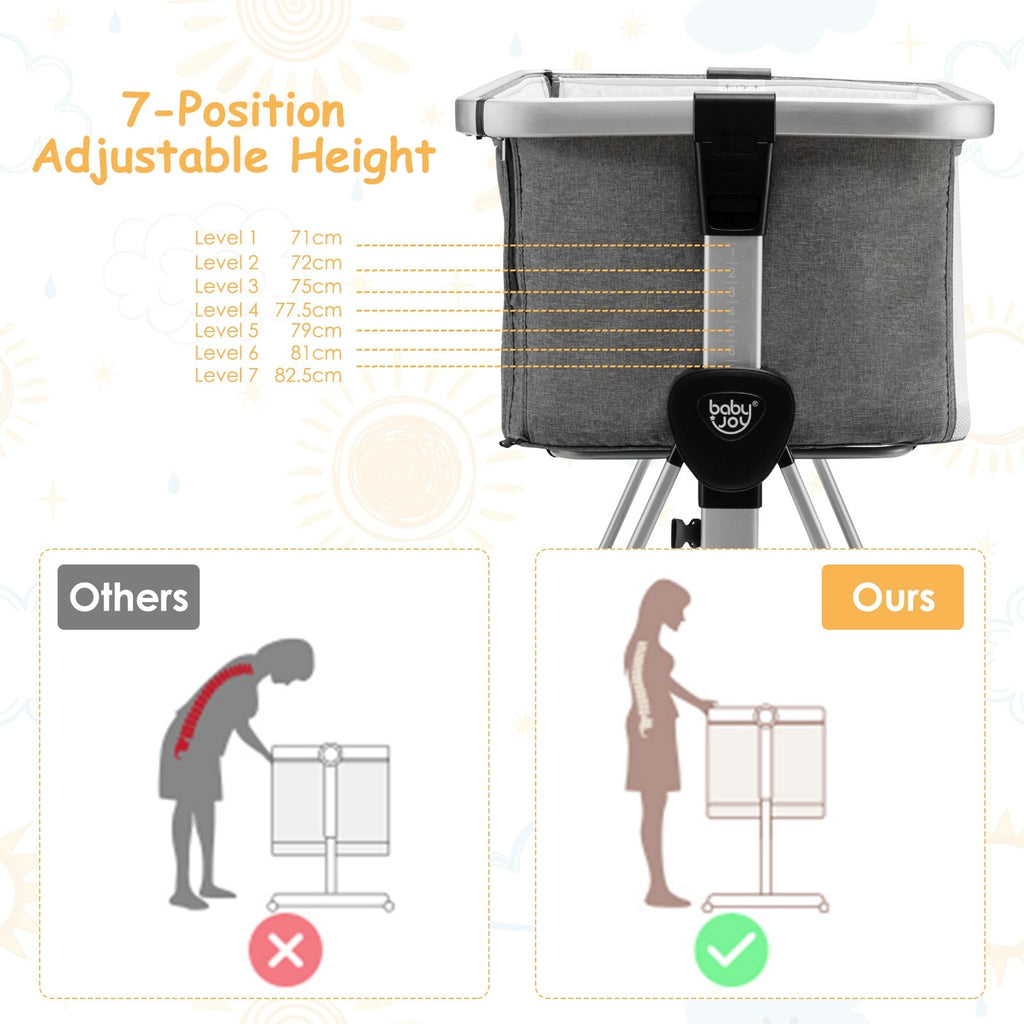 BABY JOY Bedside Bassinet, Portable Baby Crib w/ Mattress, Two-side Breathable Mesh, 7 Height Adjustable - costzon