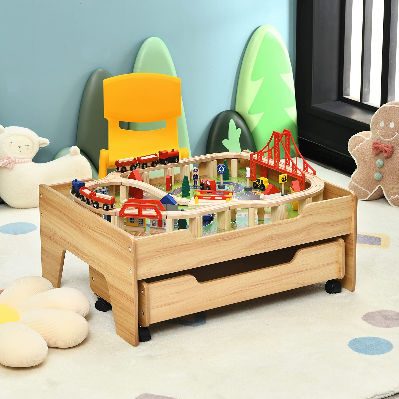 Reversible wooden city and train table hotsell