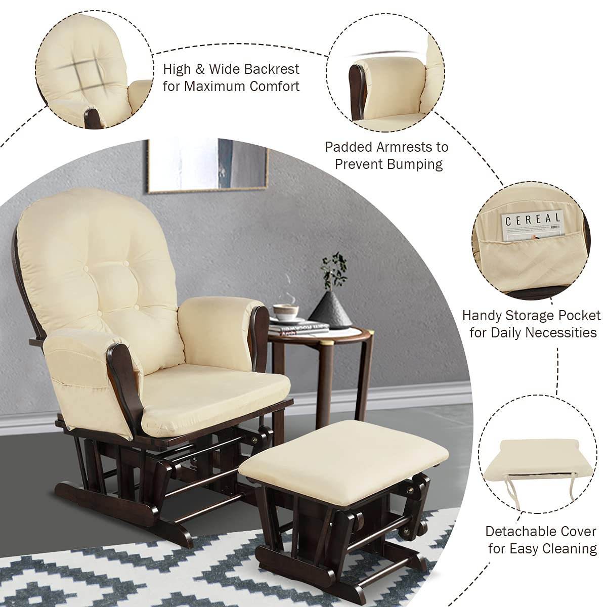 Costzon Glider and Ottoman Set Wood Glider Rocker costzon