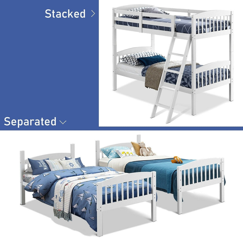 Costzon Twin Over Twin Bunk Beds, Convertible Into Two Individual Solid Rubberwood Beds (White) - costzon