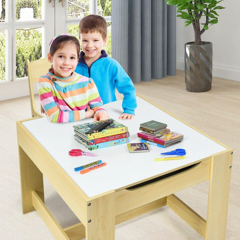 3 in 1 Kids Wood Table & 2 Chair Set, Children Activity Table Desk Sets - costzon