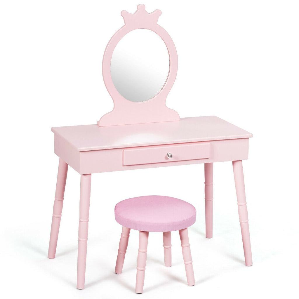 Costzon Kids Vanity Set, Wooden Princess Makeup Table with Cushioned Stool (Pink) - costzon