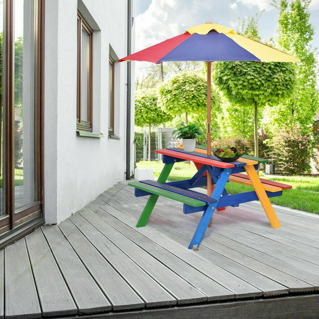 Kids Picnic Table Set, Wood Table and Bench Set with Removable & Foldable Umbrella - costzon