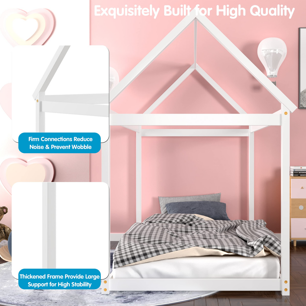 Twin House Bed Frame, Stable Kids Platform Floor Bed - Costzon