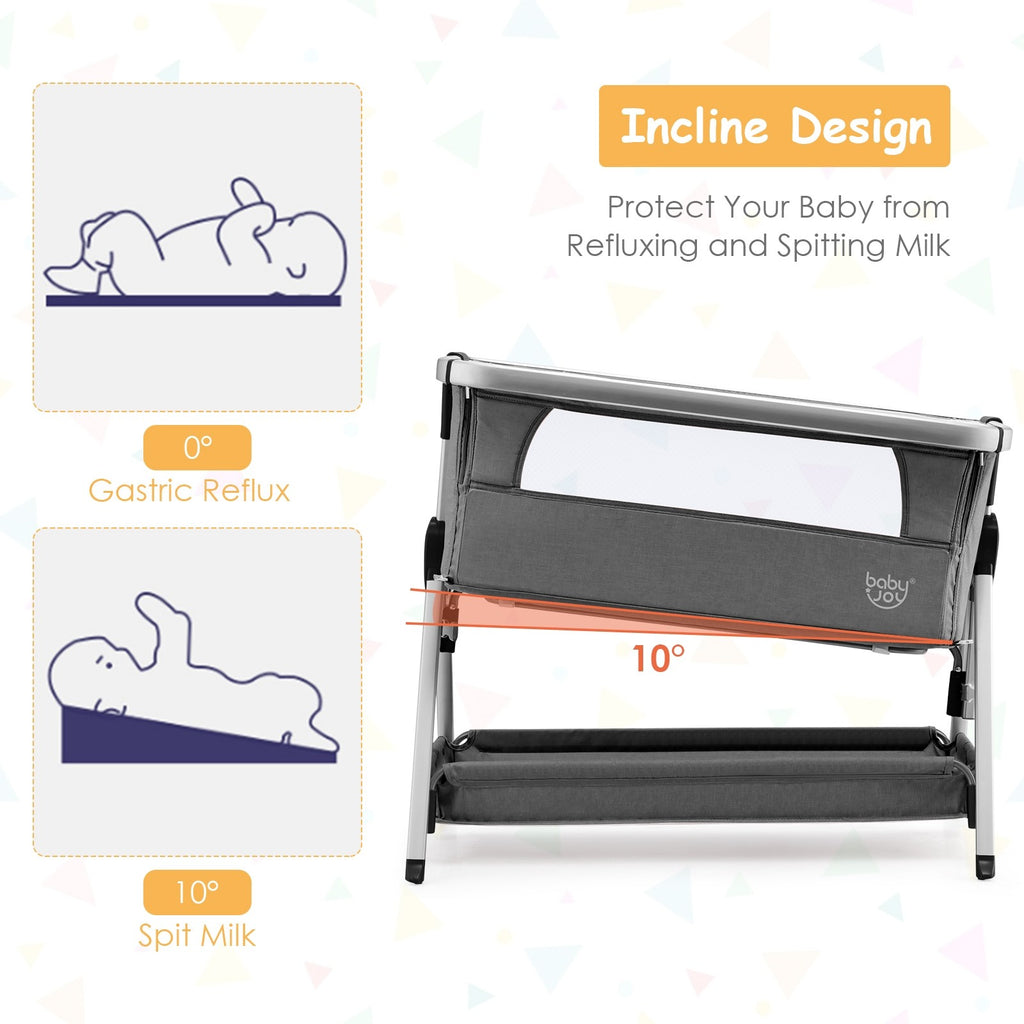 BABY JOY Bedside Bassinet, Portable Baby Crib w/ Mattress, Two-side Breathable Mesh, 7 Height Adjustable - costzon