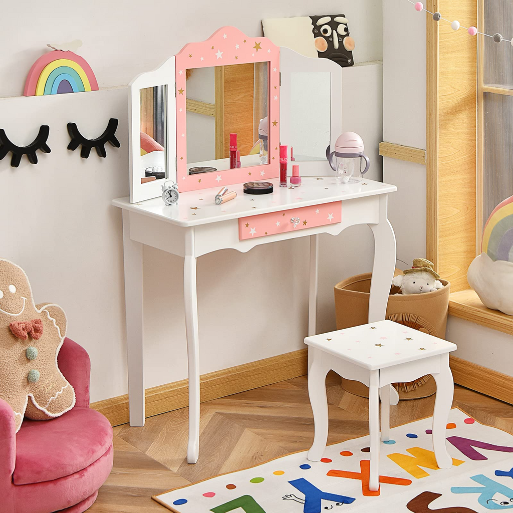 Costzon Kids Vanity Table & Chair Set, 2 in 1 Princess Makeup