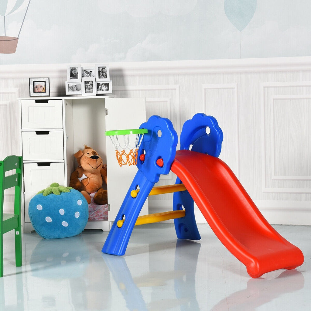 Baby Joy Folding Slide, Plastic Play Slide Climber Kids (Floral Rail +Basketball Hoop) - costzon