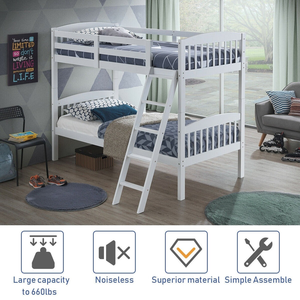 Costzon Twin Over Twin Bunk Beds, Convertible Into Two Individual Solid Rubberwood Beds (White) - costzon