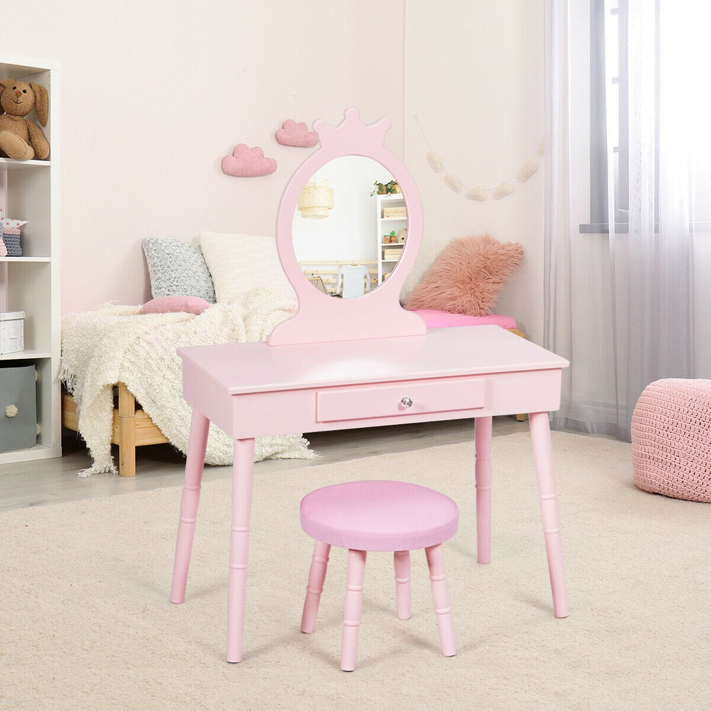 Costzon Kids Vanity Set, Wooden Princess Makeup Table with Cushioned Stool (Pink) - costzon