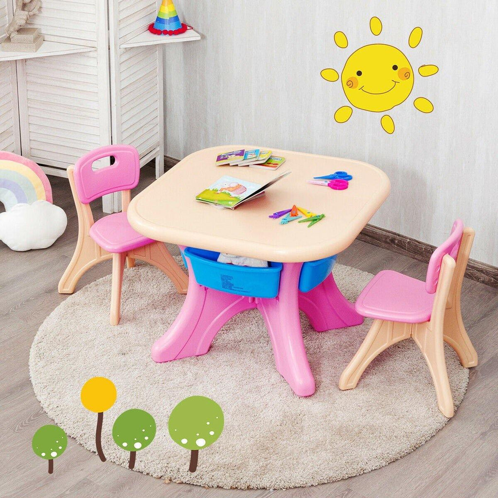 3 Piece Activity Table w/Detachable Toy Storage Bins & 2 Chairs for Children Reading Art Craft, Pink - costzon